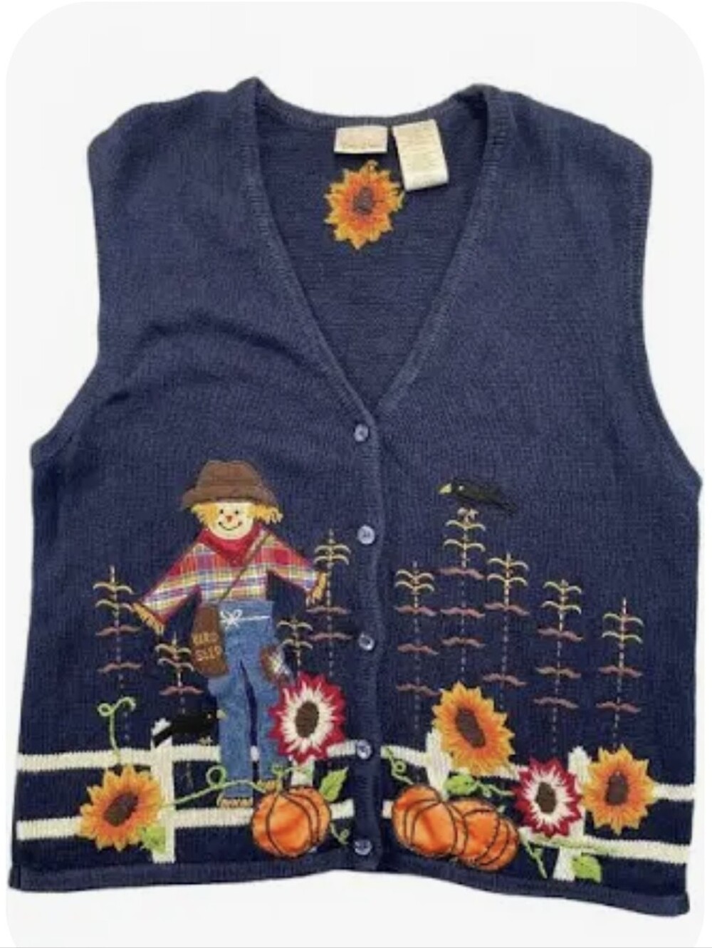 Vintage Bobbie Brooks Navy Blue Fall Scarecrow Embroidered Knit Vest Medium M